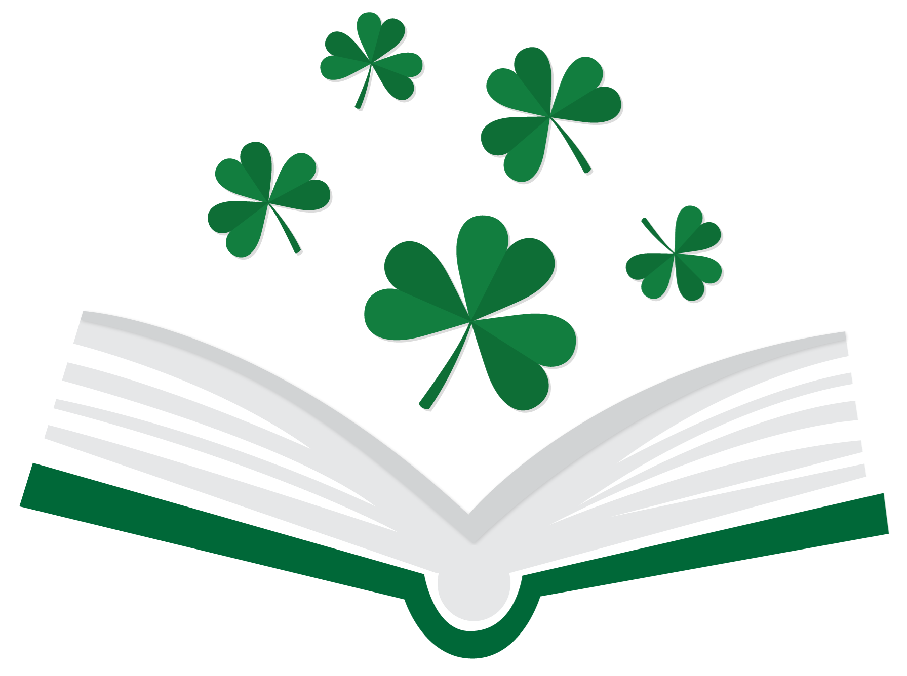 Illustration of a book opening with shamrocks and clovers above it.