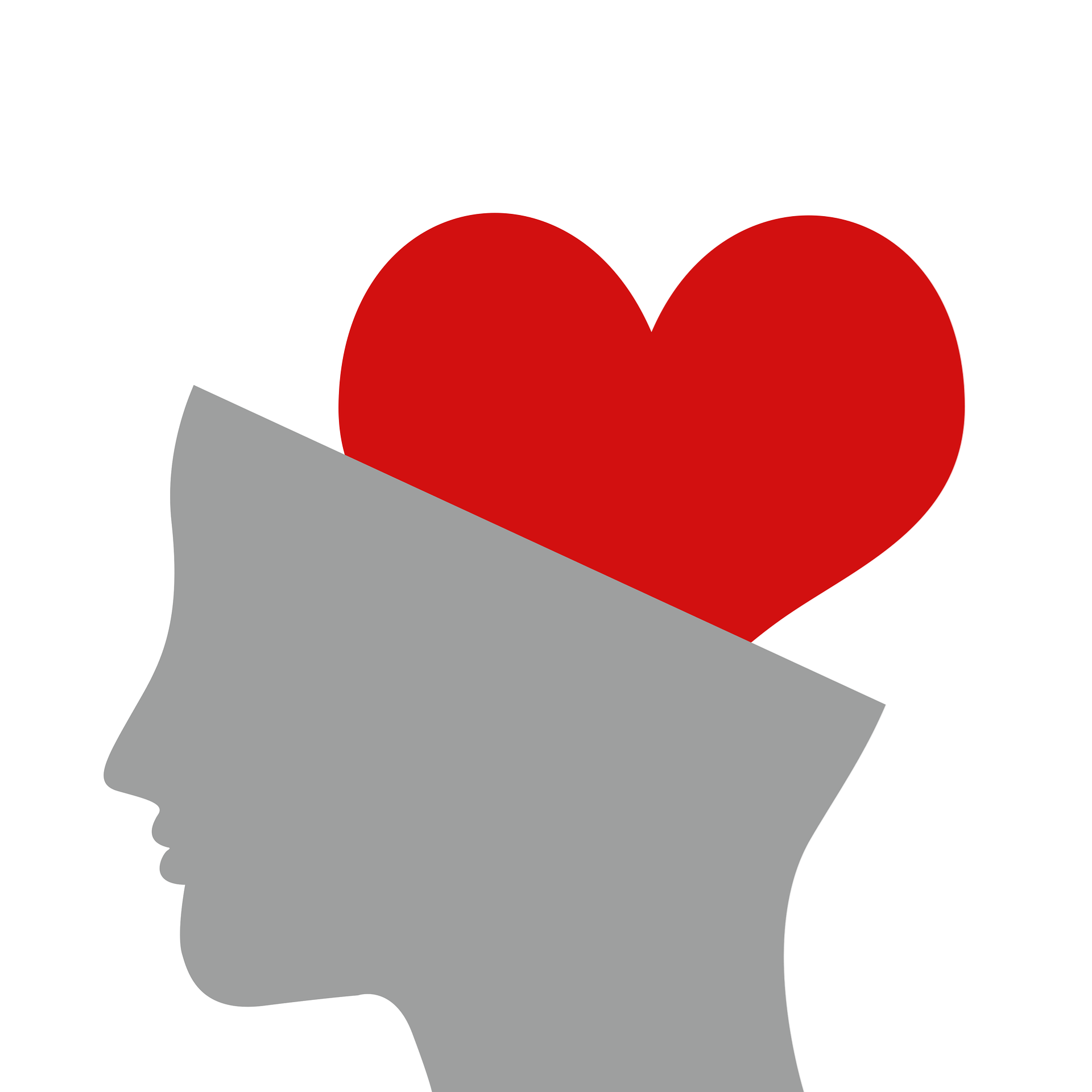 Image depicts a red heart coming out of a gray silhouette of a human head.