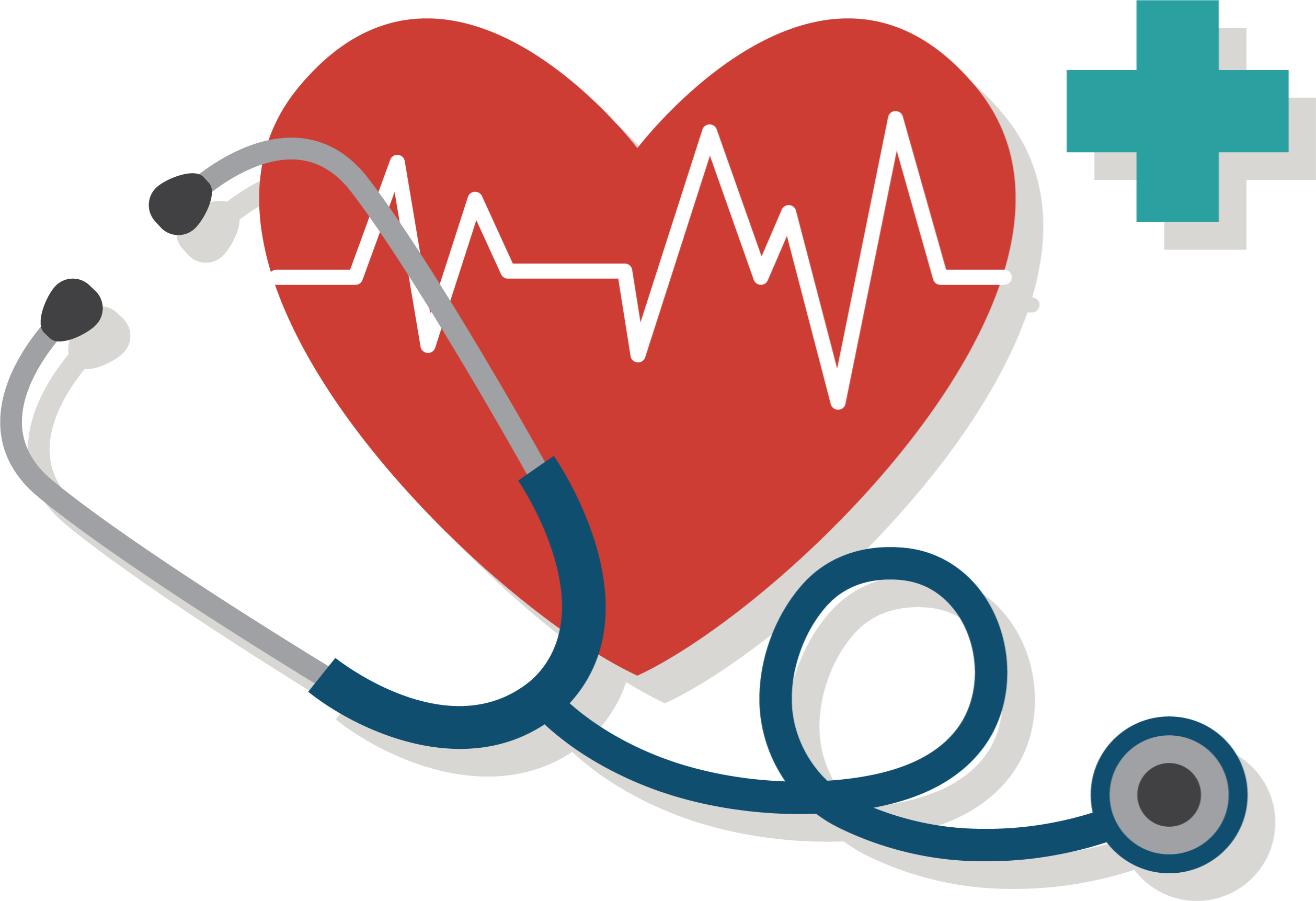 Stethoscope, green cross symbol, and heart with a heartbeat line within its shape.