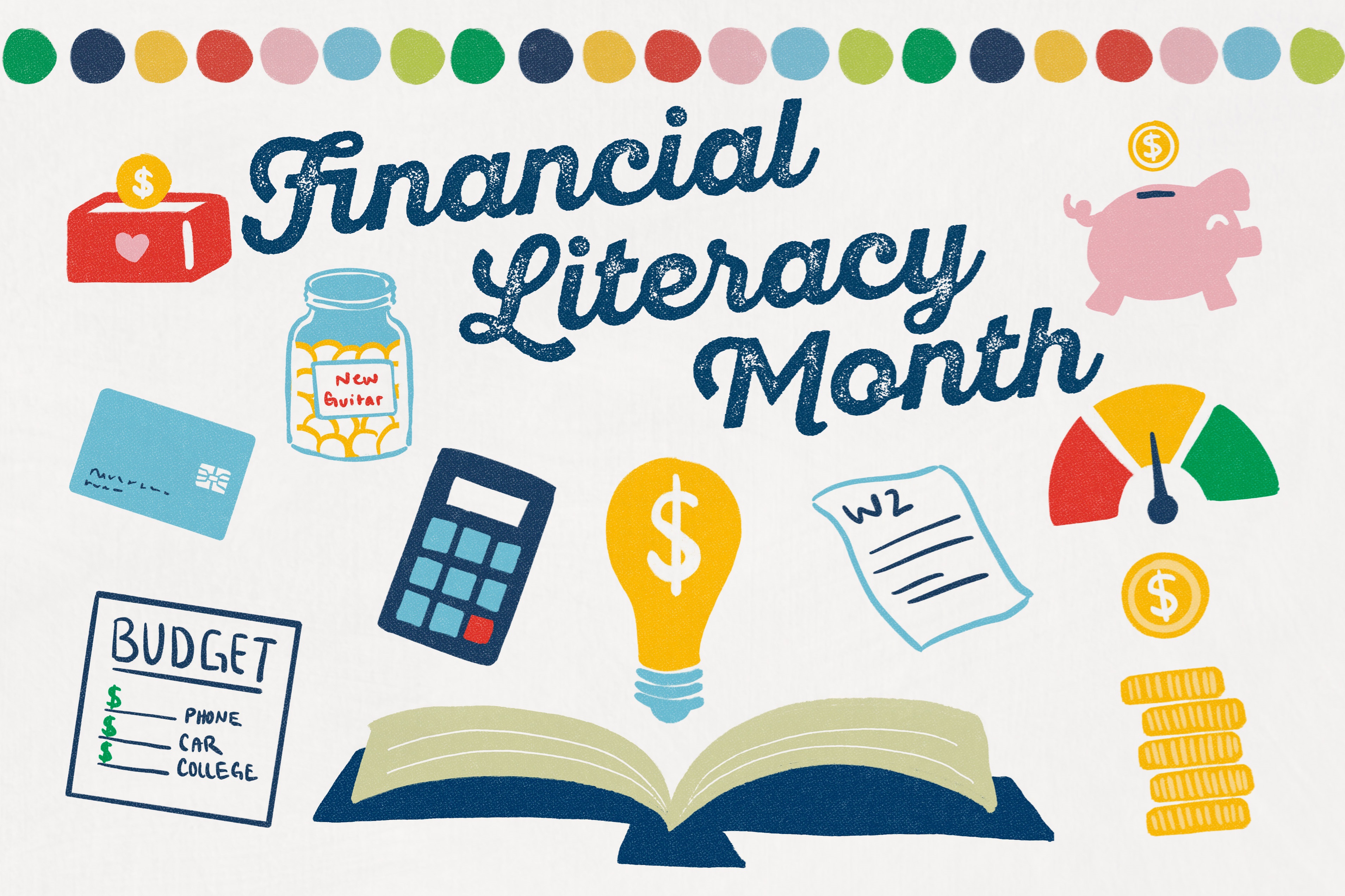 Financial Literacy Month. An open book with icons like piggy bank, coins, a budget, and a calculator.