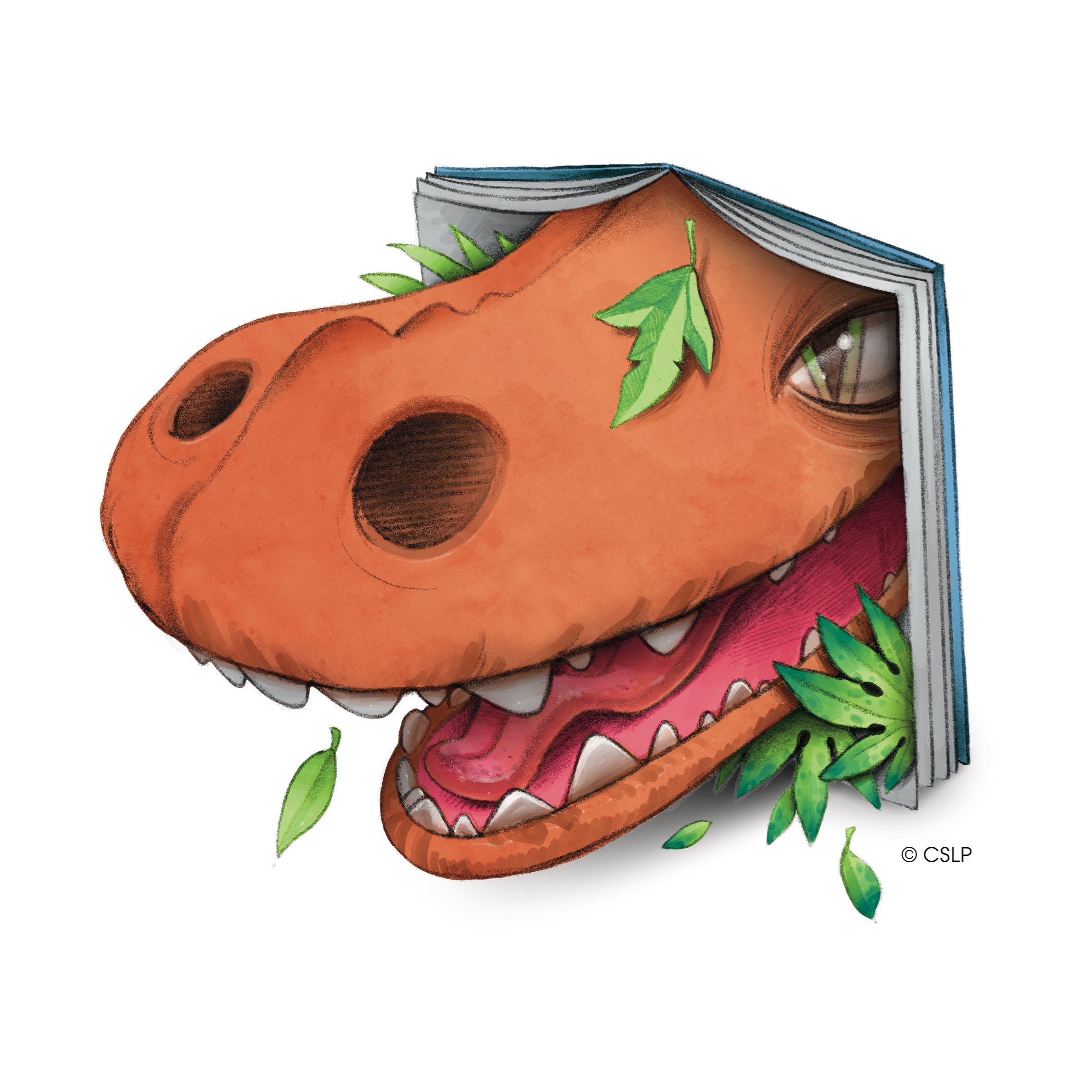 CSLP art, dino head coming out of an open book.