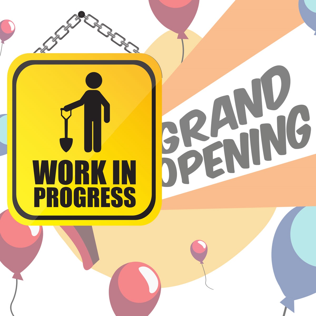 Work in Progress. Grand Opening. Construction sign in front of party balloons. Link to Athol's Grand Reopening event.