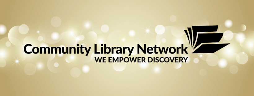 Community Library Network Logo on a blurred gold confetti background. Links to external site, opens in new tab or windwo.