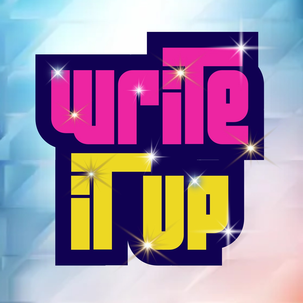 on a blue background the words "write it up" are written surrounded by sparkles.