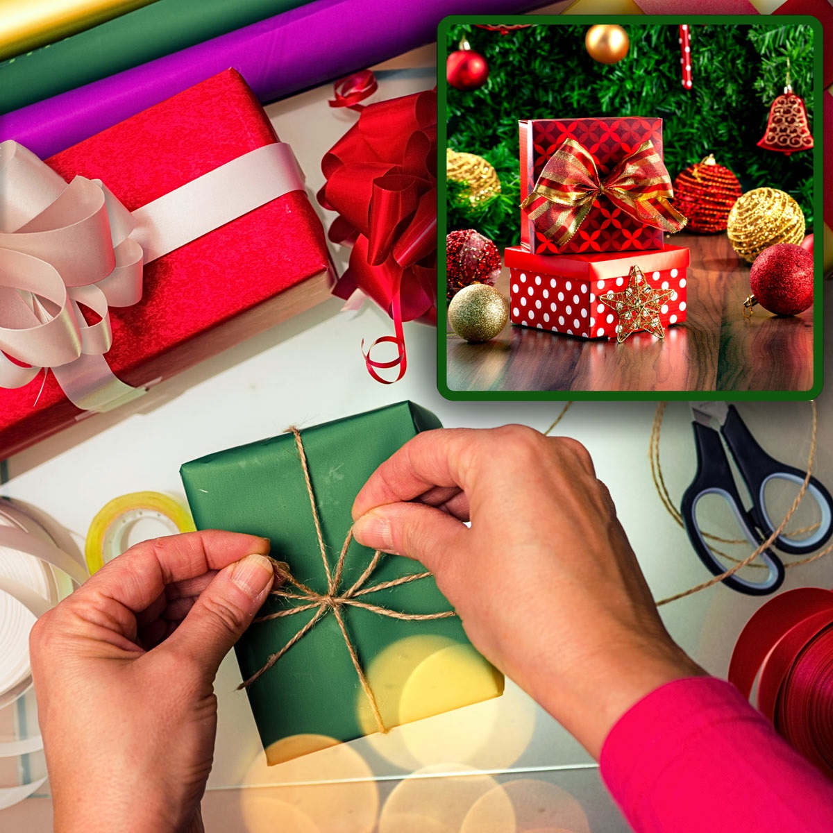 Picture shows hands tying a gold bow on a small green package.  In the background is more presents, and wrapping paper rolls.