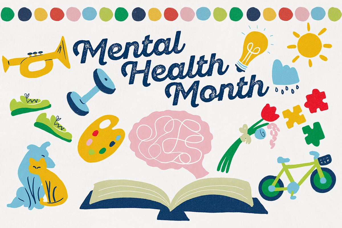 Image reads: Mental Health Month.  Image depicts an open book with a brain above it, surrounded by icons of pets, shoes, trumpet, weights, flowers, sun, rain cloud, bike, puzzle pieces, artist palette, and light bulb.