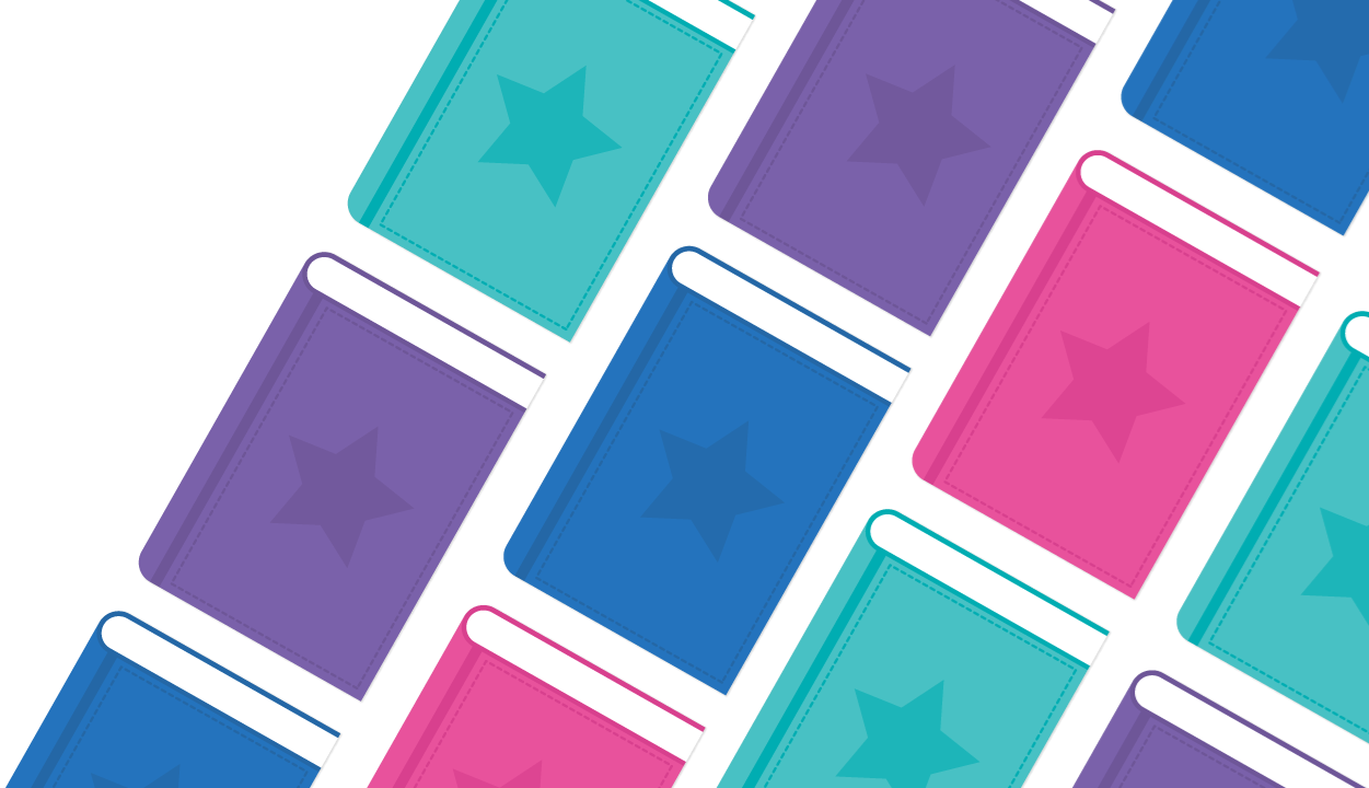 Teal, purple, and pink books with a star on the cover. 
