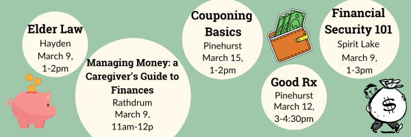 Image is a link to website with financial literacy event descriptions.  Image shows 5 events in creme bubbles on teal backgrounds.