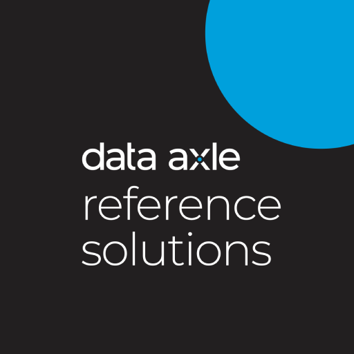 White text on a black background reads: data axle: Reference Solutions.  There is a light blue partial circle on the top right corner.
