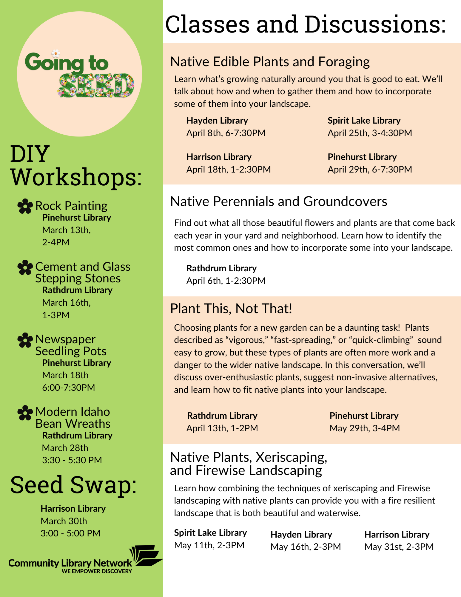 Image depicts the flyer containing all the Going to Seed events.  It links to the website calendar with all classes listed and described.