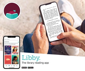 Image links to Libby.  Shows person reading book on phone.  Text reads: Libby The library reading App.