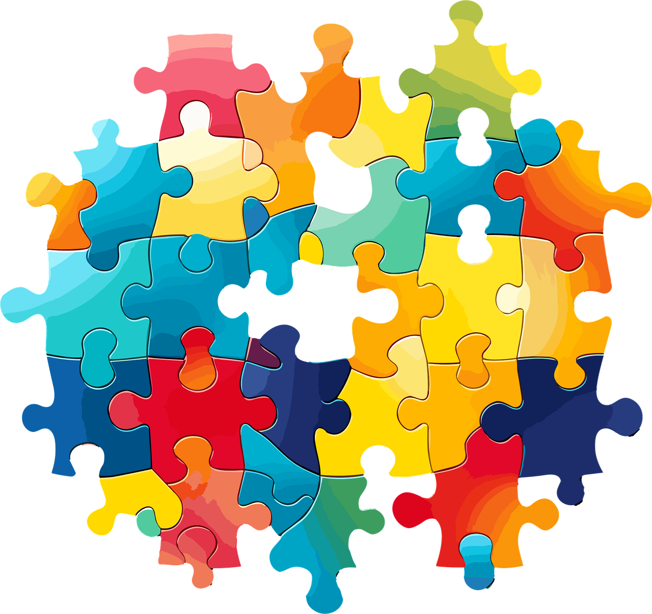 Multi-colored puzzle pieces connected together.