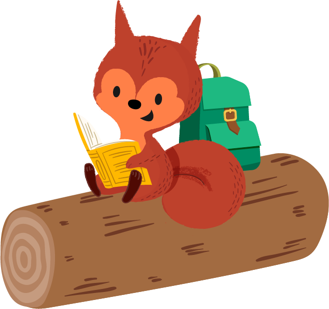 Squirrel reading a book on a log with a backpack.