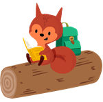 Squirrel reading a book on a log with a backpack.