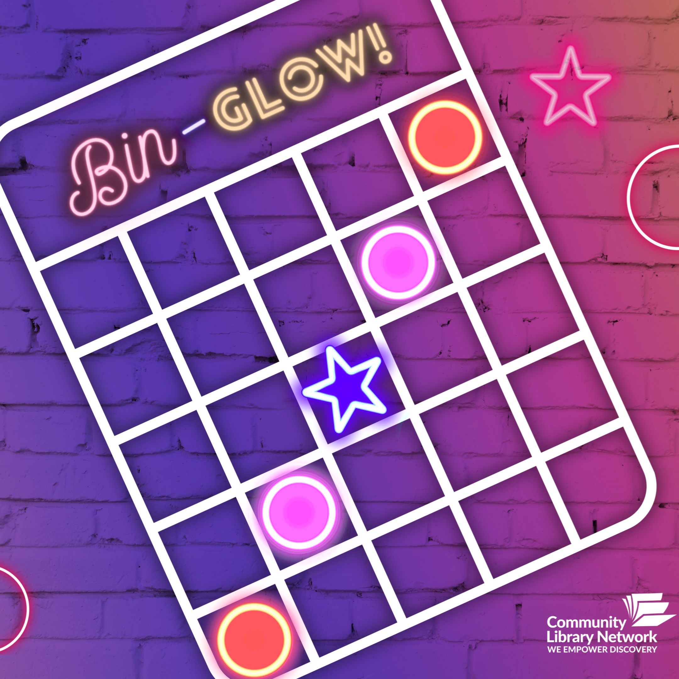 A Bingo card that says Bin-Glow and looks like a neon sign. Links to an external site.