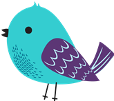 Image of a cartoon small blue bird with purple wings.