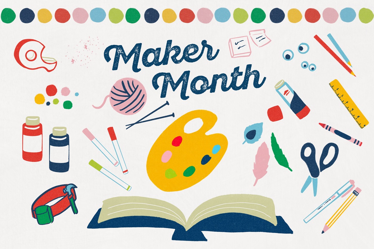 Maker Month headline with lots of craft icons such as scissors, art supplies, etc.