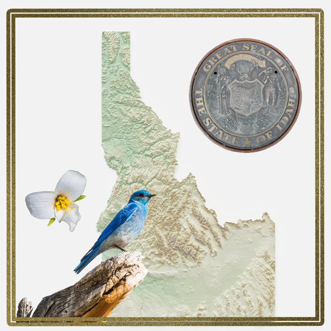 State of Idaho with the Idaho seal, Mountain bluebird and syringa flower.