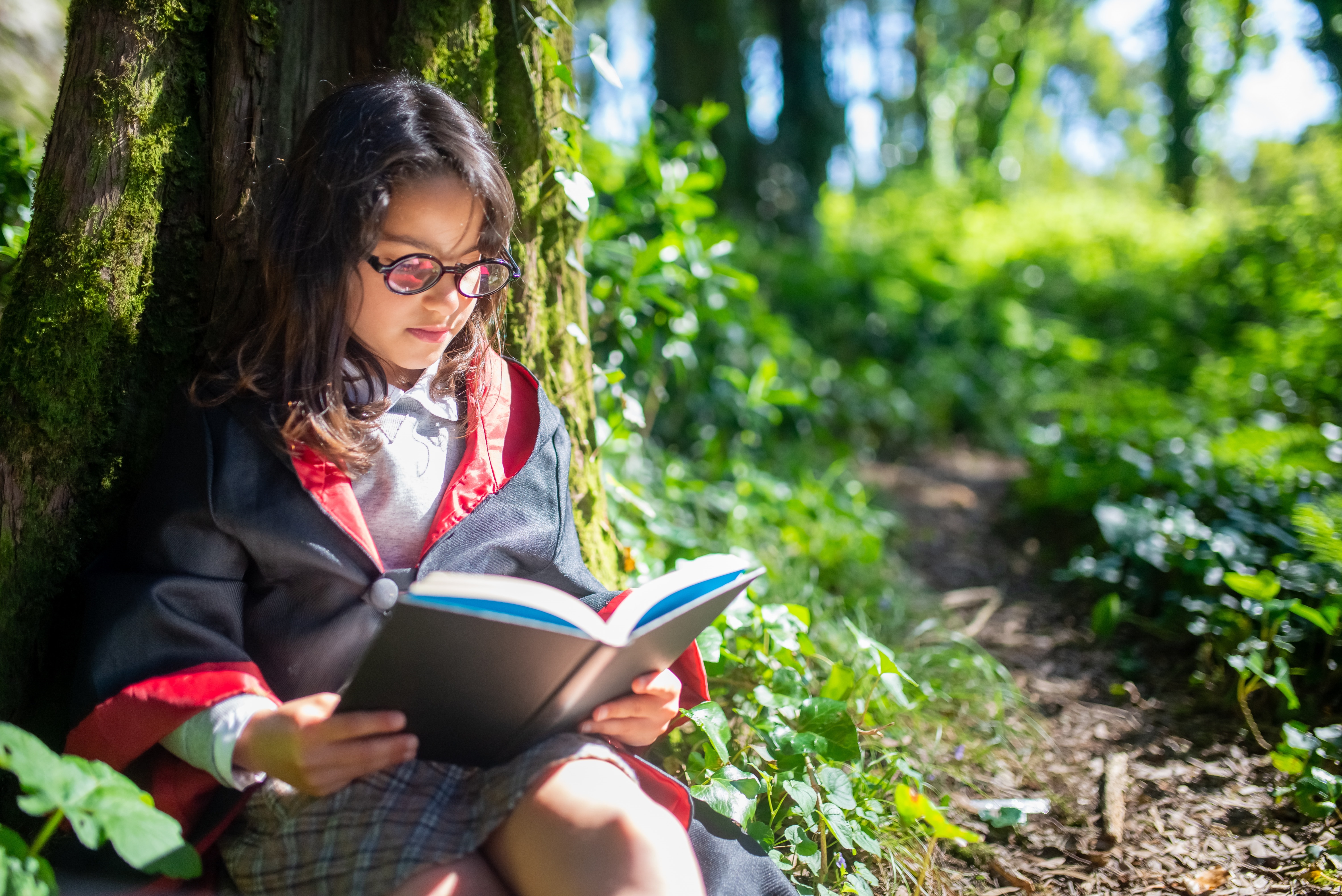 Girl Sitting Beside the Tree Trunk Reading Book
