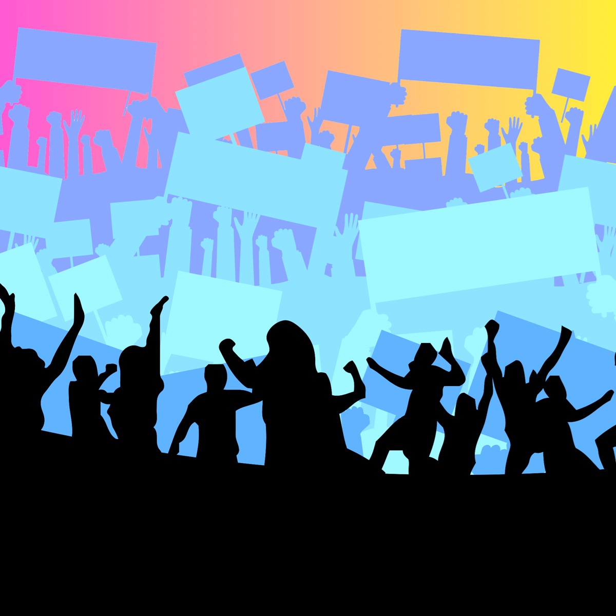 Silhouettes of excited fans applauding, jumping, and energetically holding and waving signs.