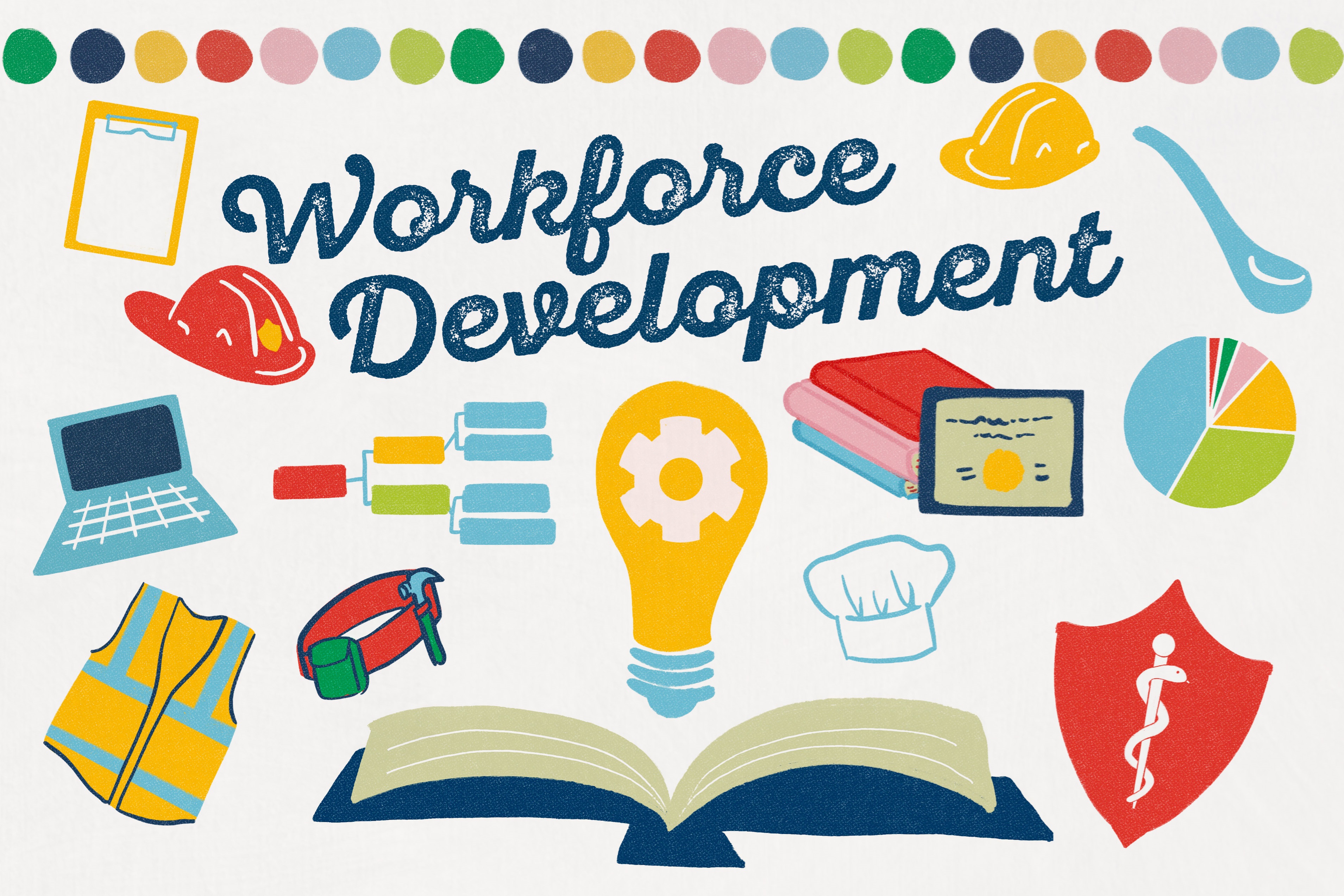 Workforce Development Icons like a hard hat, computer, pie chart, and clipboard.