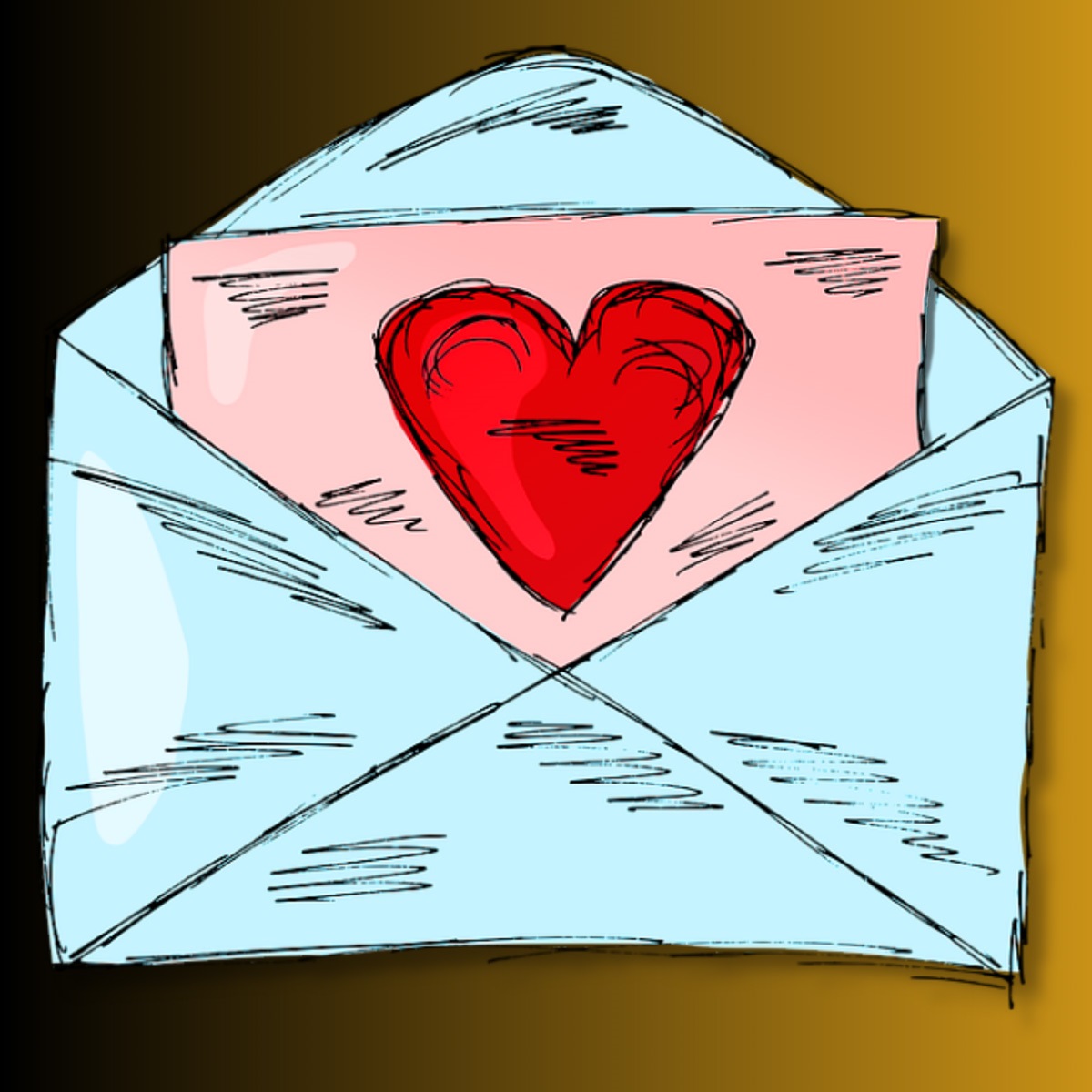 Image depicts a cartoonish drawing of an envelope with a pink paper popping out.  The pink paper has a giant red heart on it.