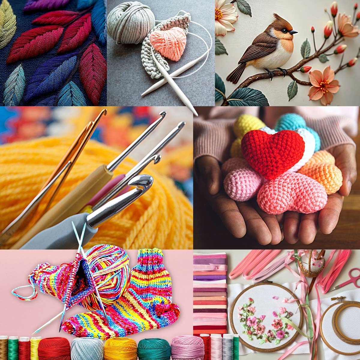 Picture depicts a number of different types of needlecraft, sewing, embroidery, knitting, crochet, etc.