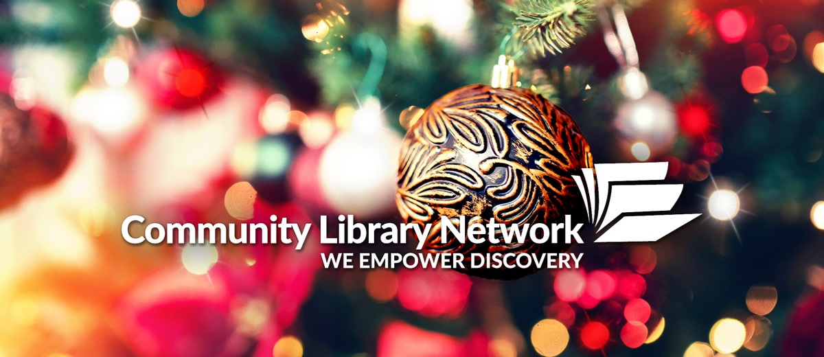 Community Library Network logo on a background with an ornament on a Christmas tree