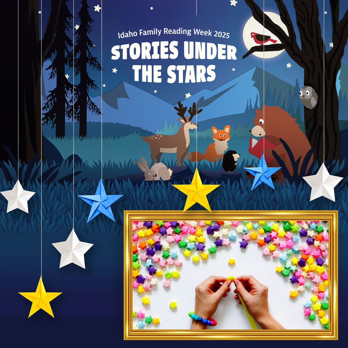 Stories under the stars logo with colorful stars