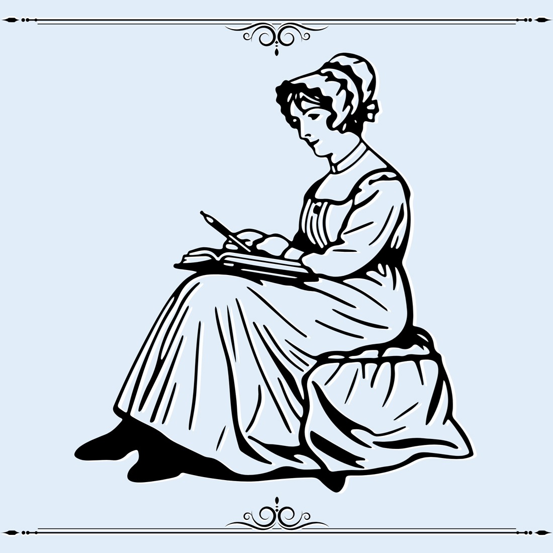 Illustration of a woman dressed the way one of Jane Austen's characters would have dressed, sitting and writing in a journal.