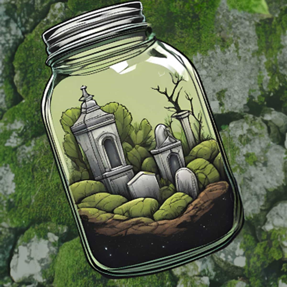 Image shows a jar with a cemetery and plants inside.