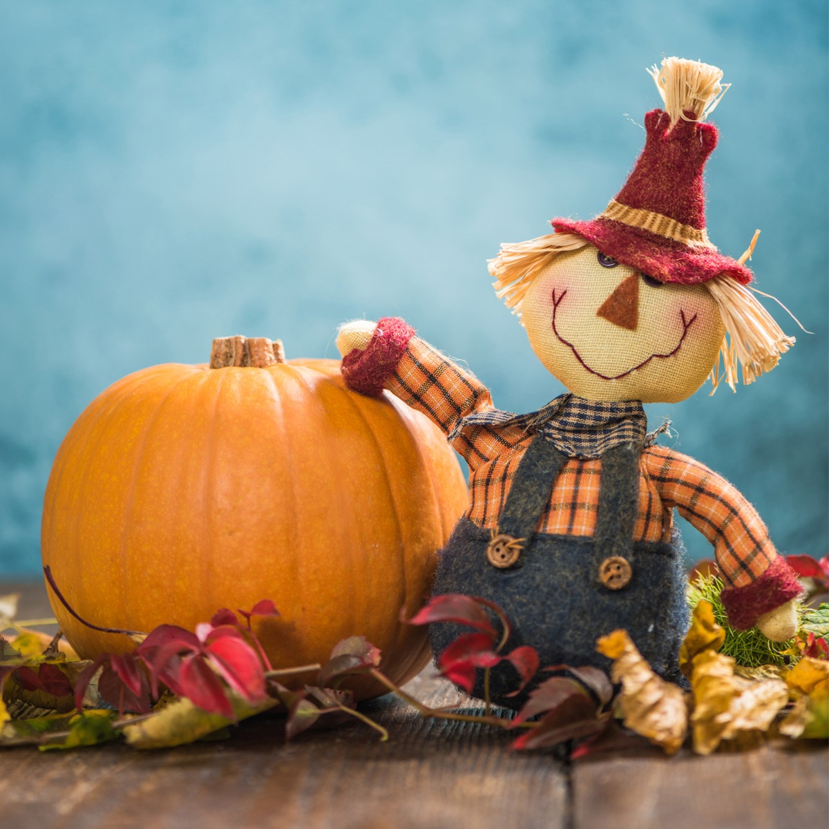 Scarecrow next to a pumpkin