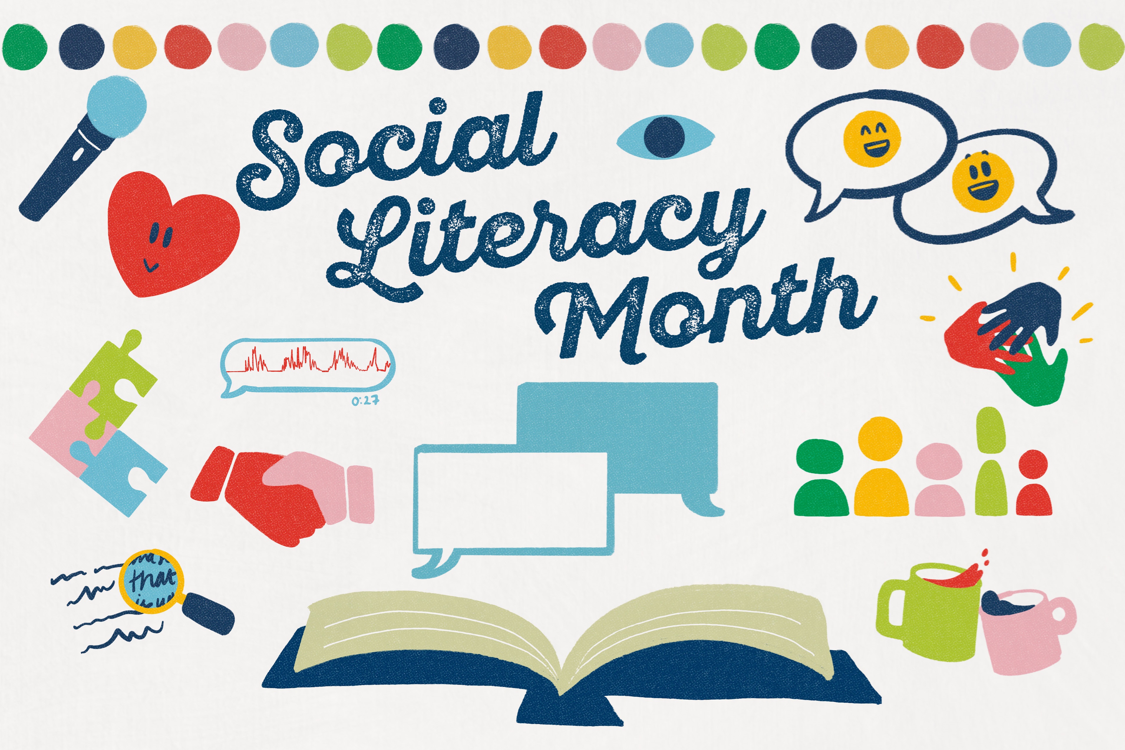 Social Literacy Month- open book with icons like shaking hands, speech bubbles, microphone, and other similar icons.