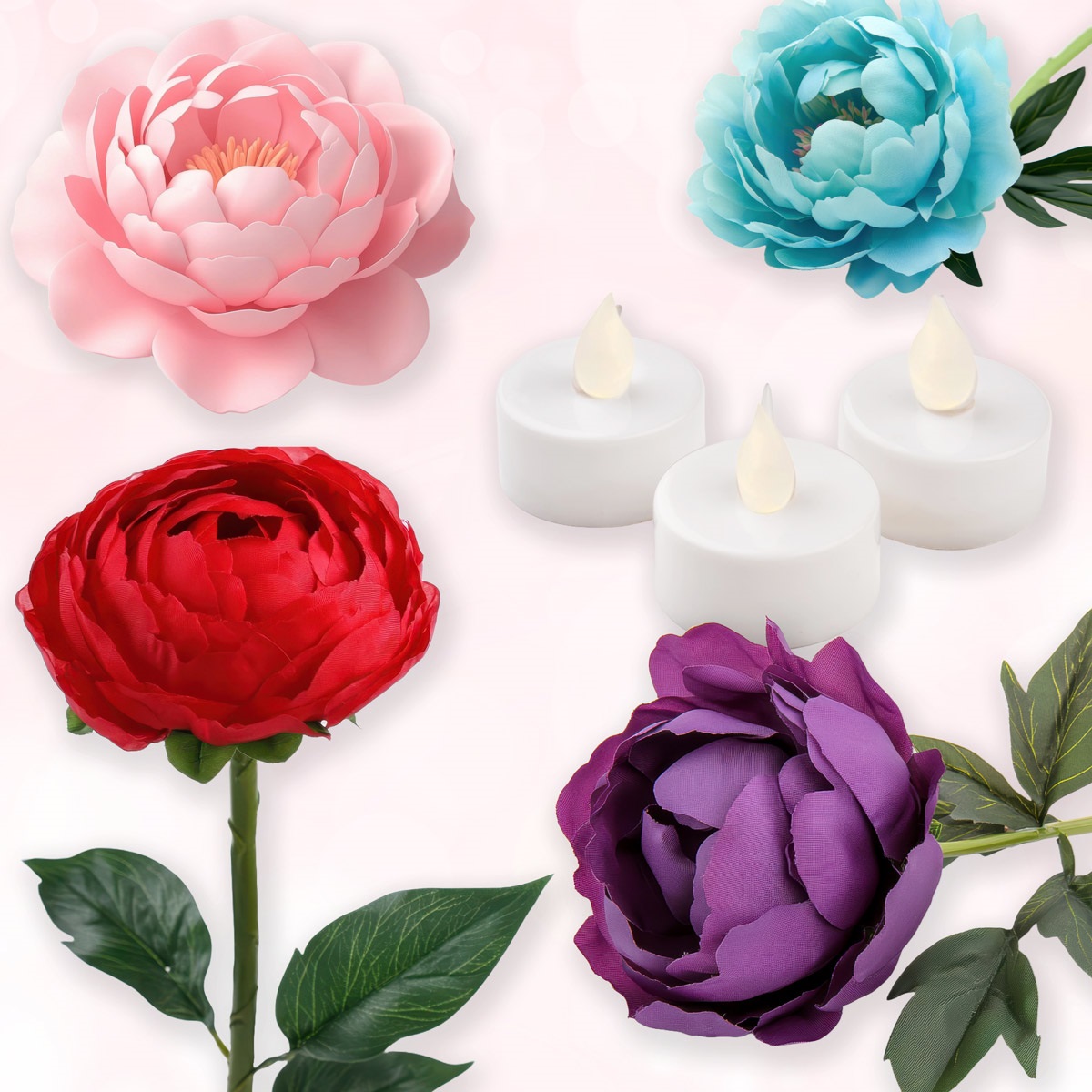 Image depicts four flowers and three small white electric tealights.
