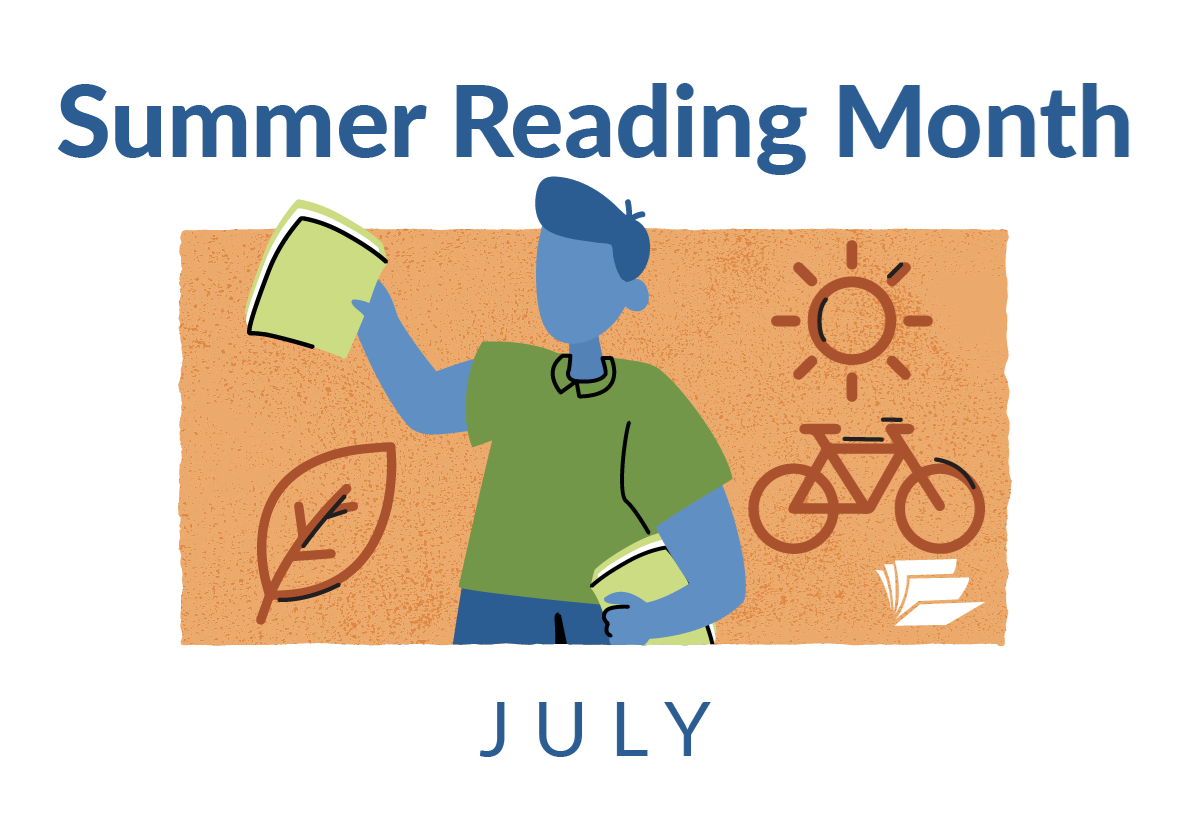 Image reads Summer Reading Month. June.  It depicts a drawing of a woman holding a book.