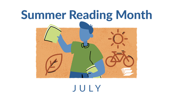 Image reads: Summer Reading Month. June.  Depicts a drawing of a girl with a book.