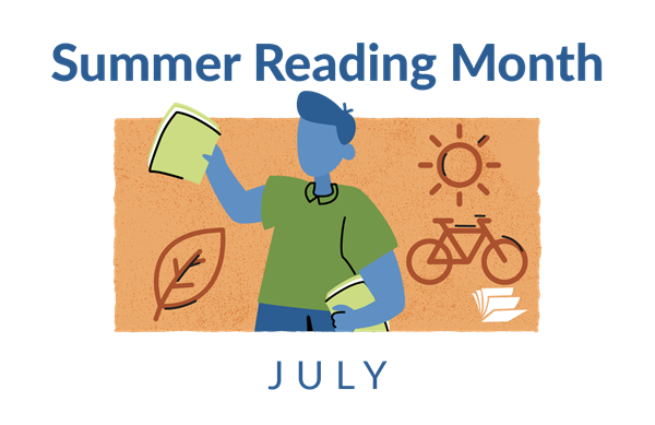 Image reads Summer Reading Month. June.  It depicts a drawing of a woman holding a book.