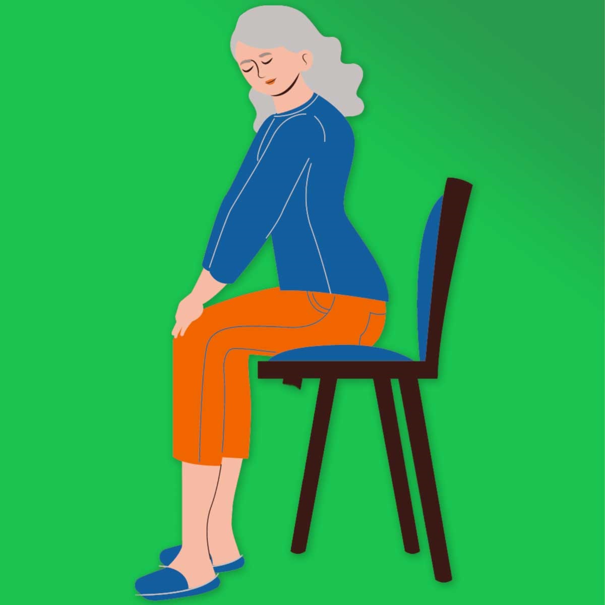 On a green background a woman with silver hair sits on a chair with her hands on her knees.
