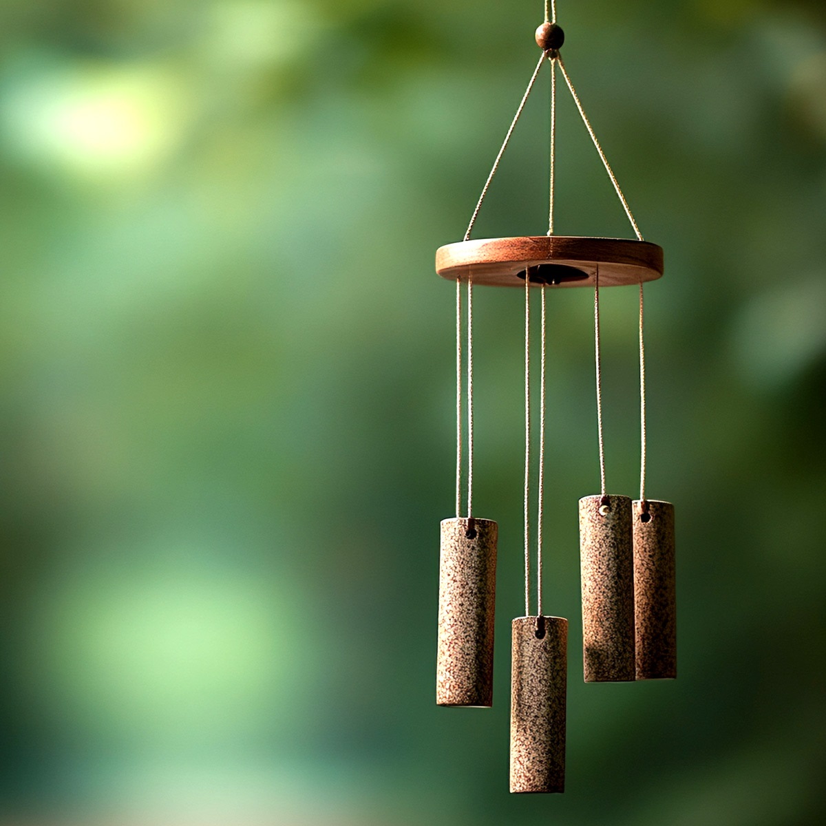 Wooden wind chime against a blurred green background.