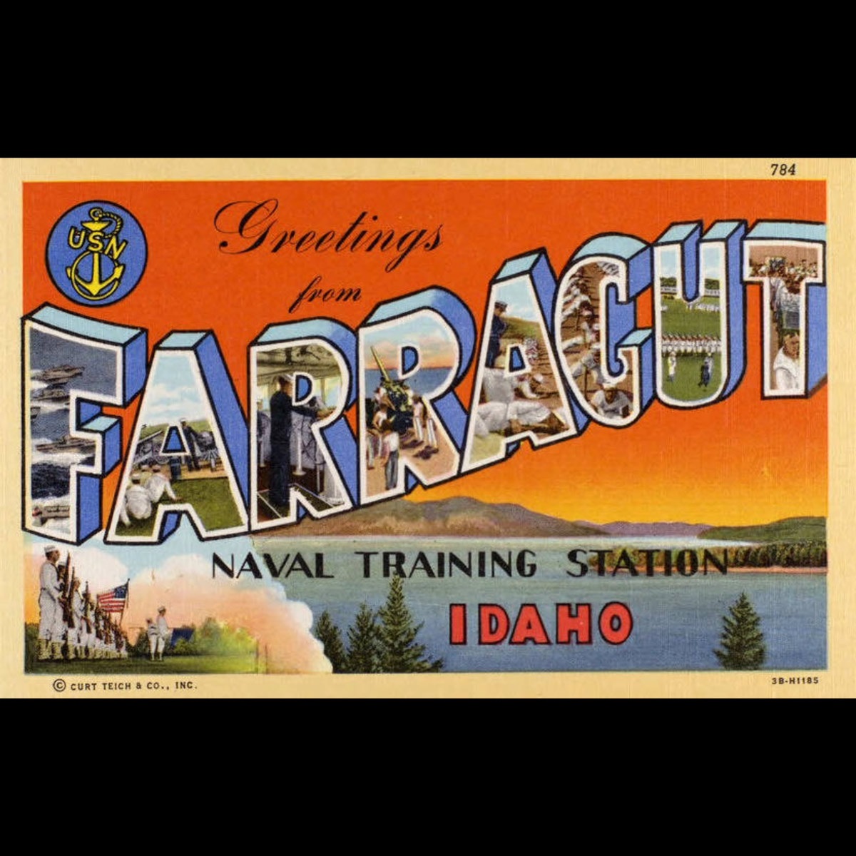 On a black background a postcard reads "Greetings from Farragut Naval Training Station Idaho."  The background of the postcard is an orange sunset looking across Lake Pend Orielle.  The word Farragut is written in bold with each letter full of images of Farragut.