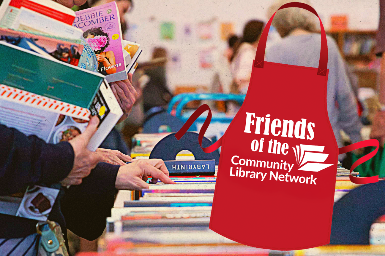 People sorting through books on a table. Friends of the Community Library Network Logo